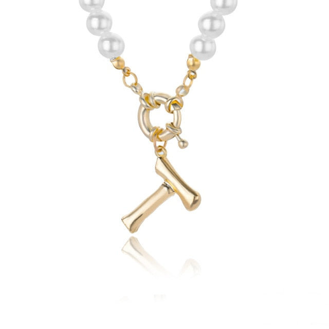 Women's Pearl Necklace With Gold  Alphabet Initial Pendant