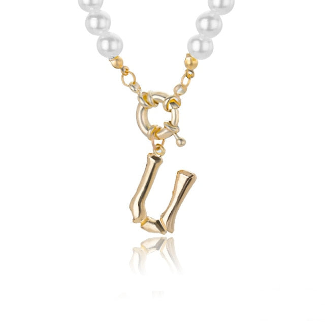 Women's Pearl Necklace With Gold  Alphabet Initial Pendant