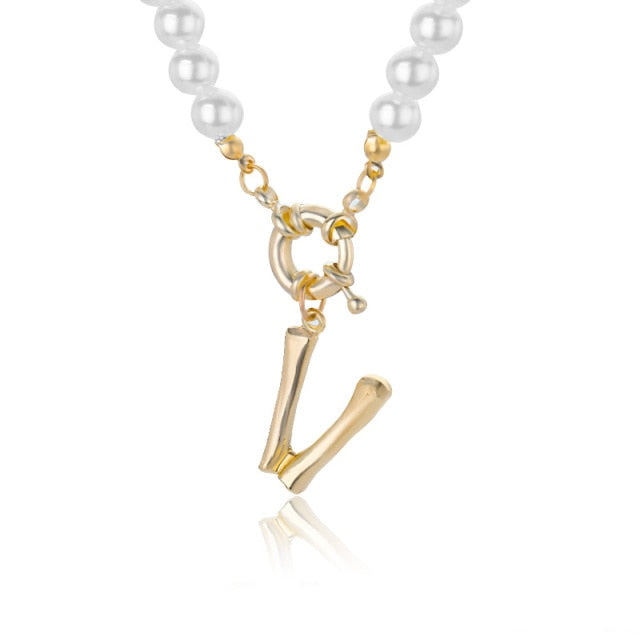 Women's Pearl Necklace With Gold  Alphabet Initial Pendant