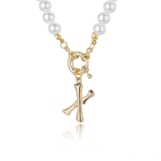 Women's Pearl Necklace With Gold  Alphabet Initial Pendant