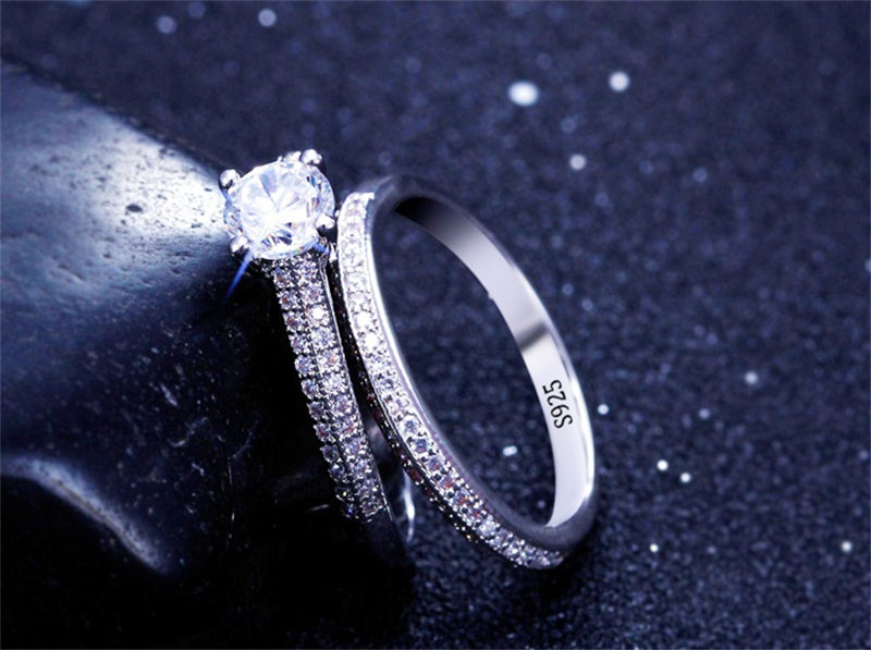 Sterling Silver Double Row Crystal Engagement Wedding Style Ring