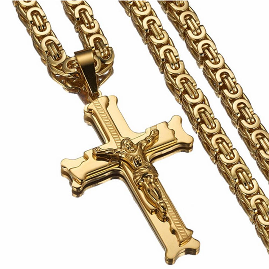 Men's Gold Jesus Cross Pendant Necklace 6MM