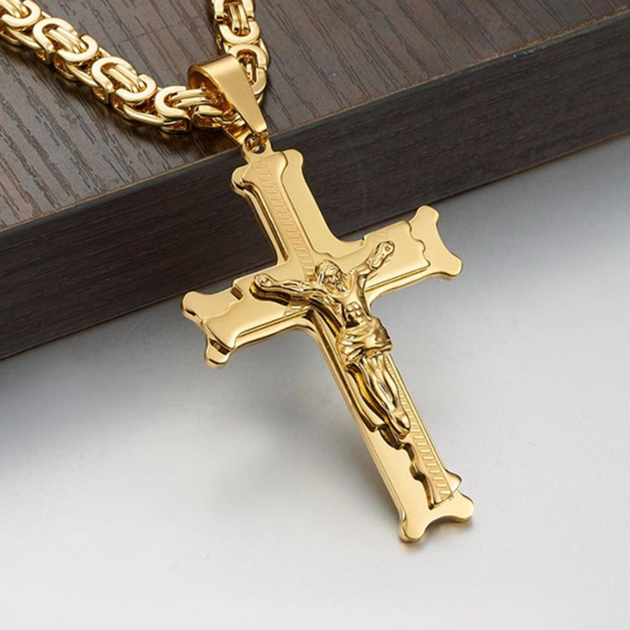 Men's Gold Jesus Cross Pendant Necklace 6MM