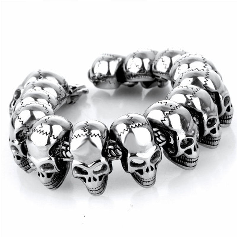 Men's Biker Gothic Stainless Steel Heavy Skull Head Silver Bracelet