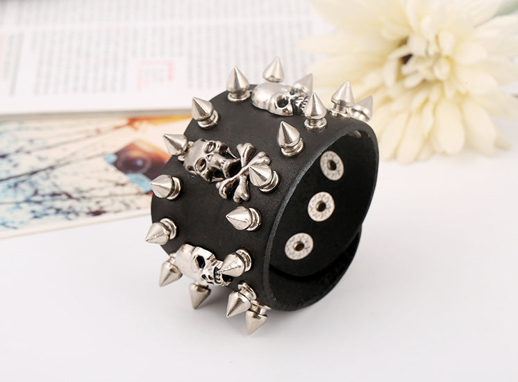 Black Skull & Spike Leather Bracelet