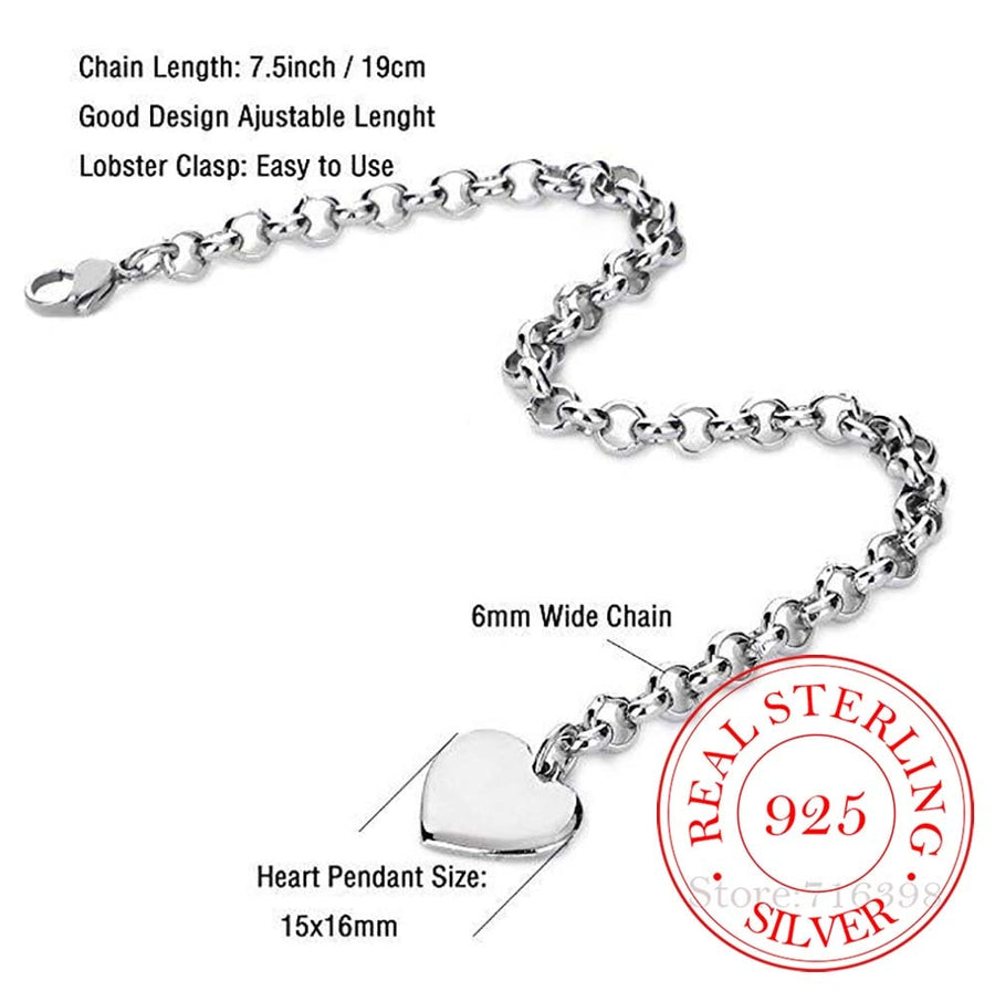925 Sterling Silver A-Z  Heart Charm Bracelet