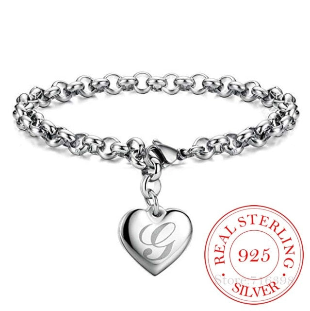925 Sterling Silver A-Z  Heart Charm Bracelet