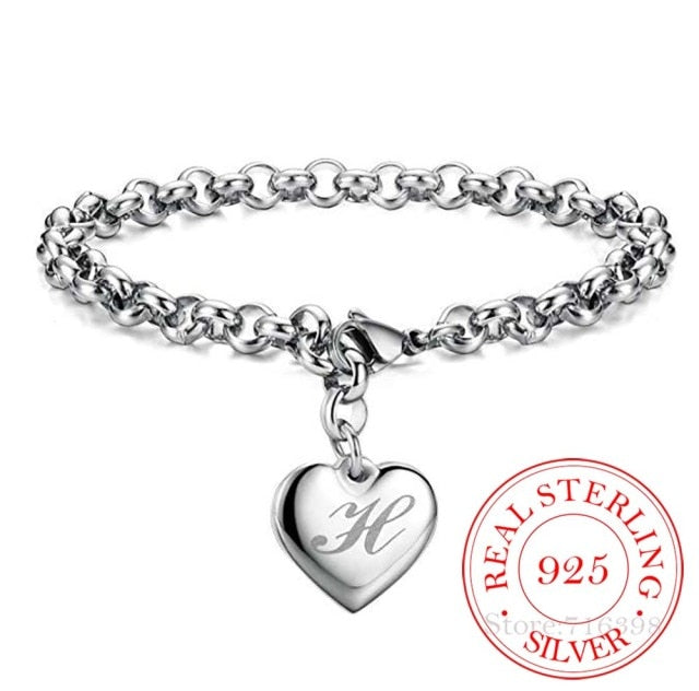 925 Sterling Silver A-Z  Heart Charm Bracelet