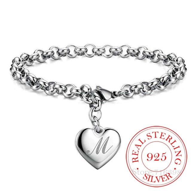 925 Sterling Silver A-Z  Heart Charm Bracelet