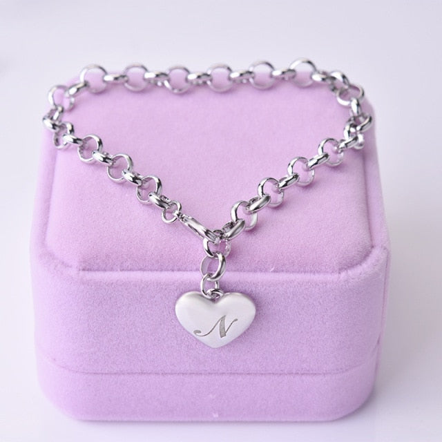 925 Sterling Silver A-Z  Heart Charm Bracelet