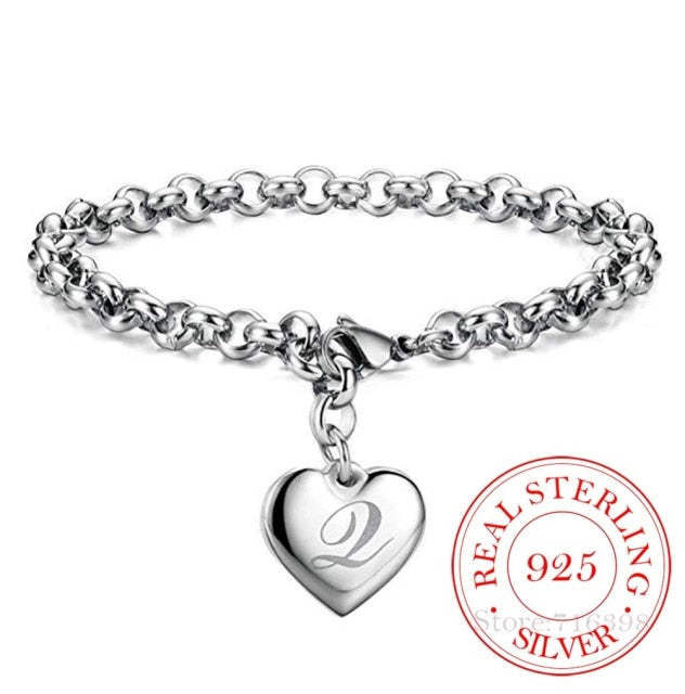 925 Sterling Silver A-Z  Heart Charm Bracelet