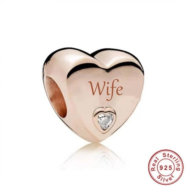 925 Sterling Silver Rose Gold Family Heart Charm Collection