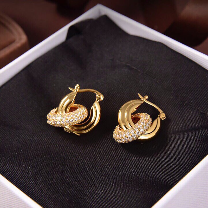 9ct Gold Vermeil CZ Crystal Double Hoop Drop Earrings