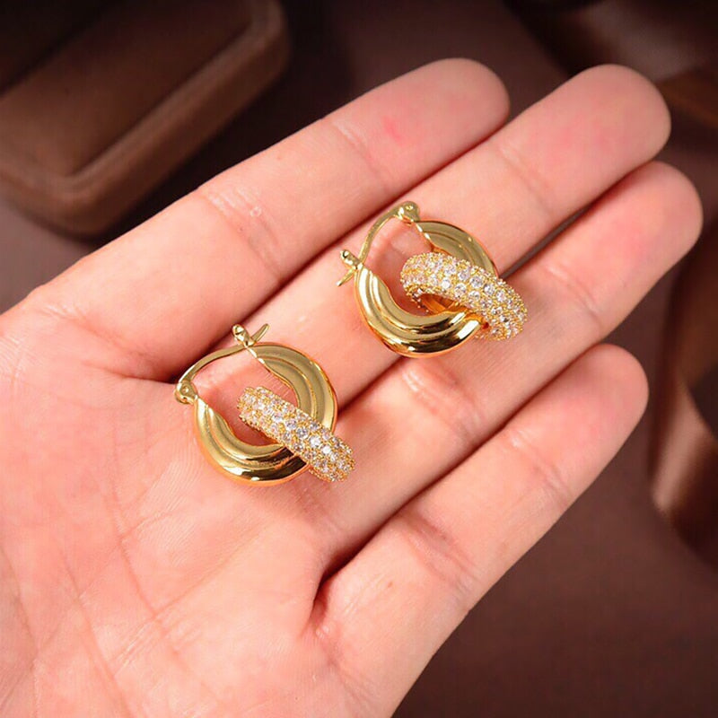 9ct Gold filled CZ Crystal Double Hoop Drop Earrings