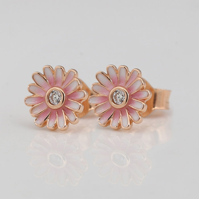 925 Sterling Silver 9ct Rose Gold CZ Crystal Pink Daisy Flower Stud Earrings