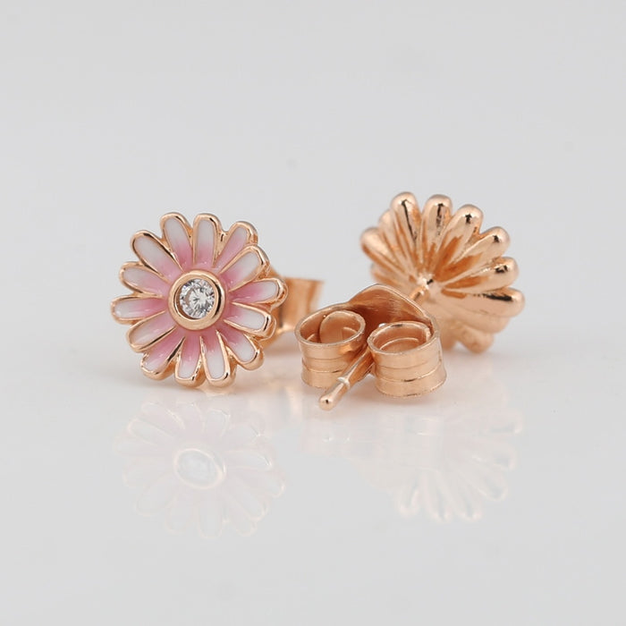 925 Sterling Silver 9ct Rose Gold CZ Crystal Pink Daisy Flower Stud Earrings