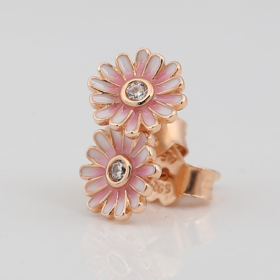 925 Sterling Silver 9ct Rose Gold CZ Crystal Pink Daisy Flower Stud Earrings