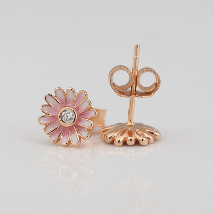 925 Sterling Silver 9ct Rose Gold CZ Crystal Pink Daisy Flower Stud Earrings