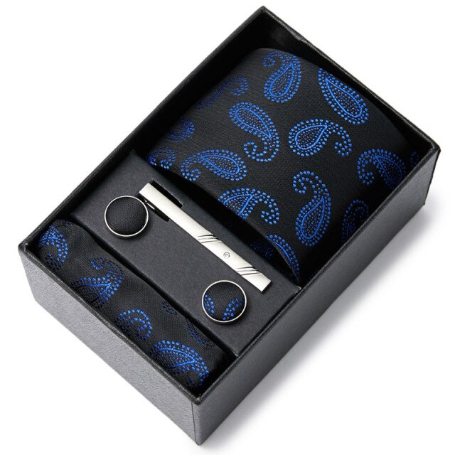 Men's Silk Pattern Neck Tie Giftbox Set (Tie, Cufflinks, Tie Clip & Handkerchief)
