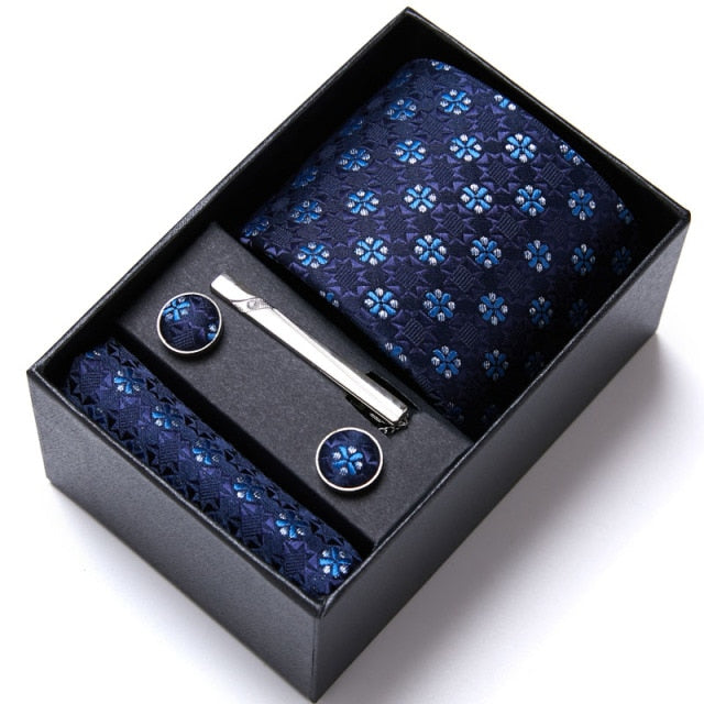 Men's Silk Pattern Neck Tie Giftbox Set (Tie, Cufflinks, Tie Clip & Handkerchief)