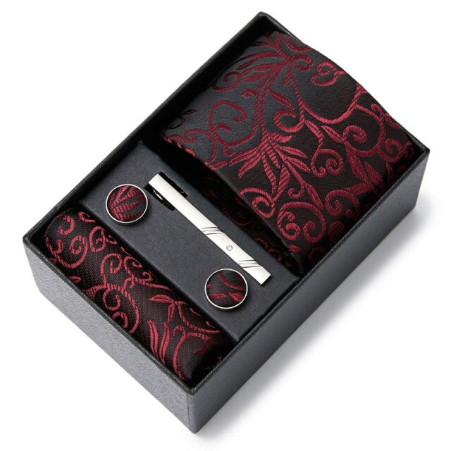 Men's Silk Pattern Neck Tie Giftbox Set (Tie, Cufflinks, Tie Clip & Handkerchief)