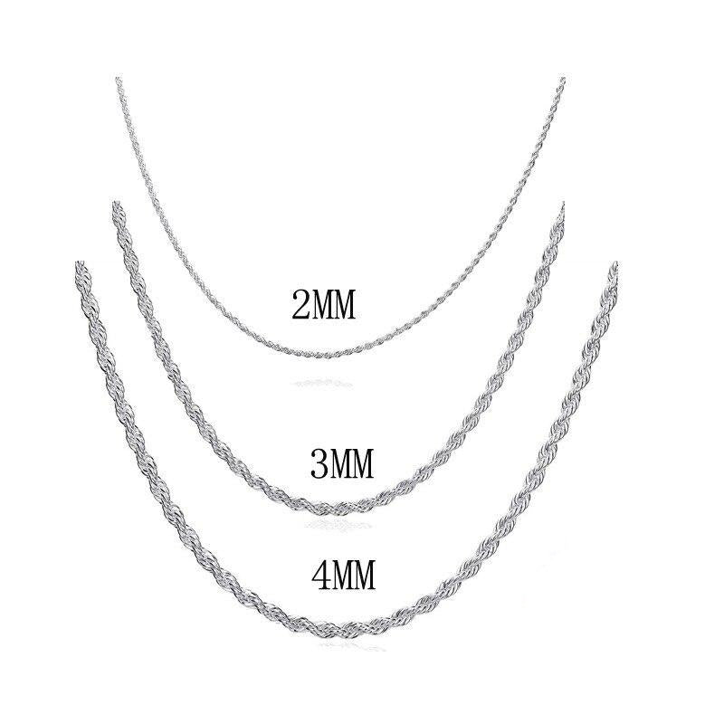 925 Sterling Silver 2mm - 4mm Twist Rope Chain Necklace 16inches - 24inches