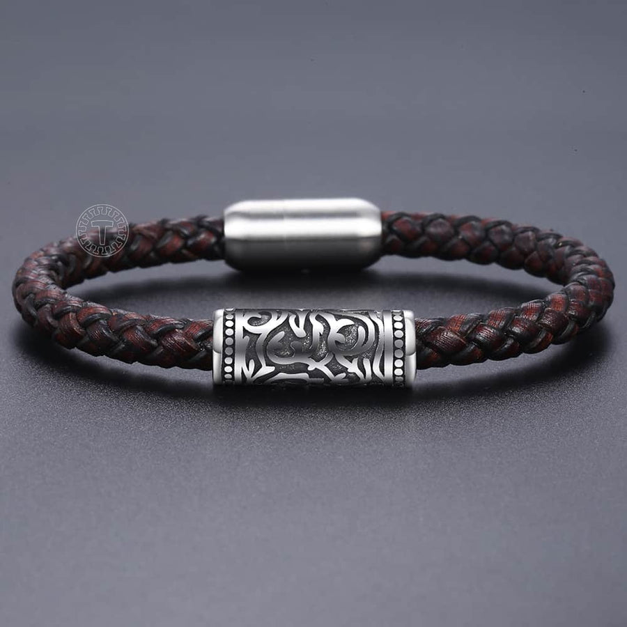 Men's Brown Leather Stainless Steel Woven Bracelet