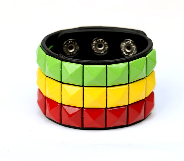 3 Row Coloured Pyramid Studded Leather Bracelet