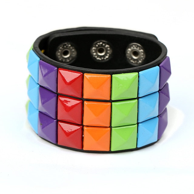 3 Row Coloured Pyramid Studded Leather Bracelet