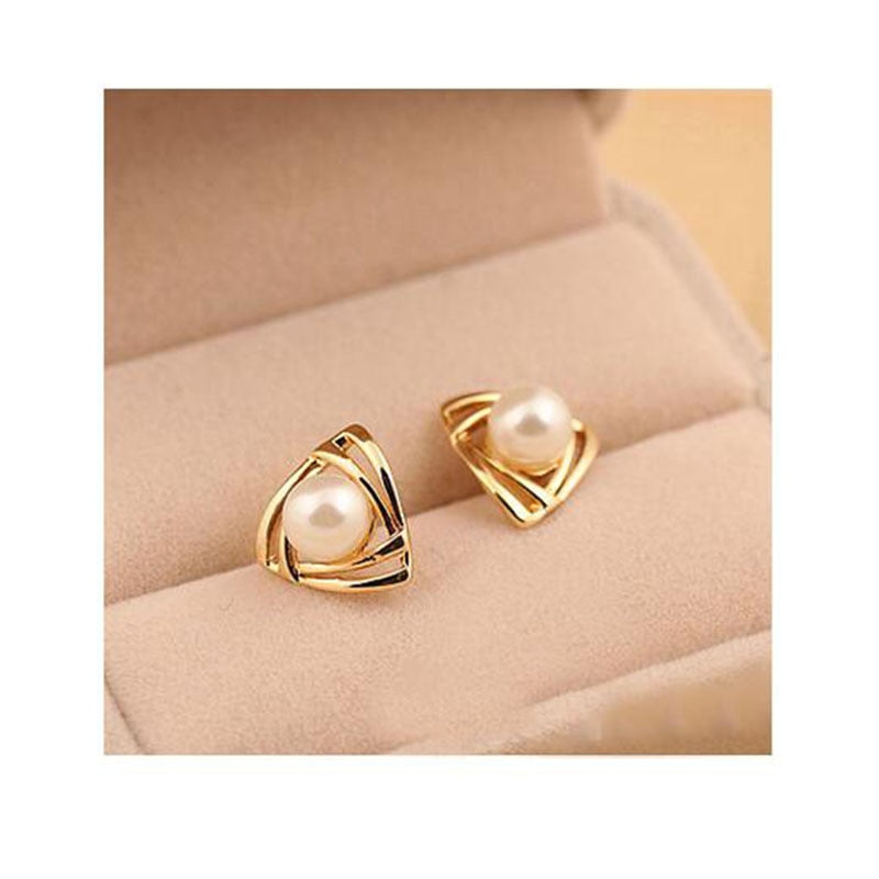 Gold Triangle Pearl Clip On Earrings