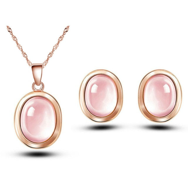 Sterling Silver Rose Gold Pink Opal Stone Jewellery Set