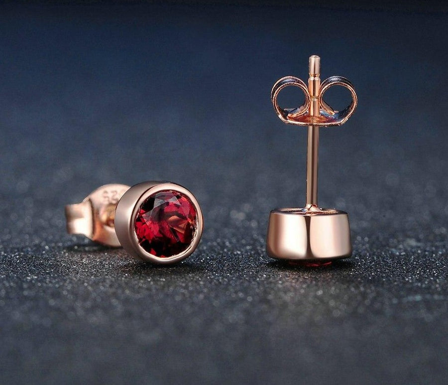 925 Sterling Silver Rose Gold Stud Earrings with Ruby Gemstone