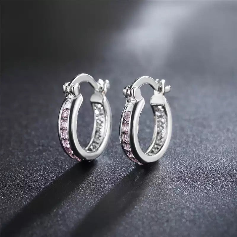 925 Sterling Silver & CZ Crystal 15mm Hoop Earrings